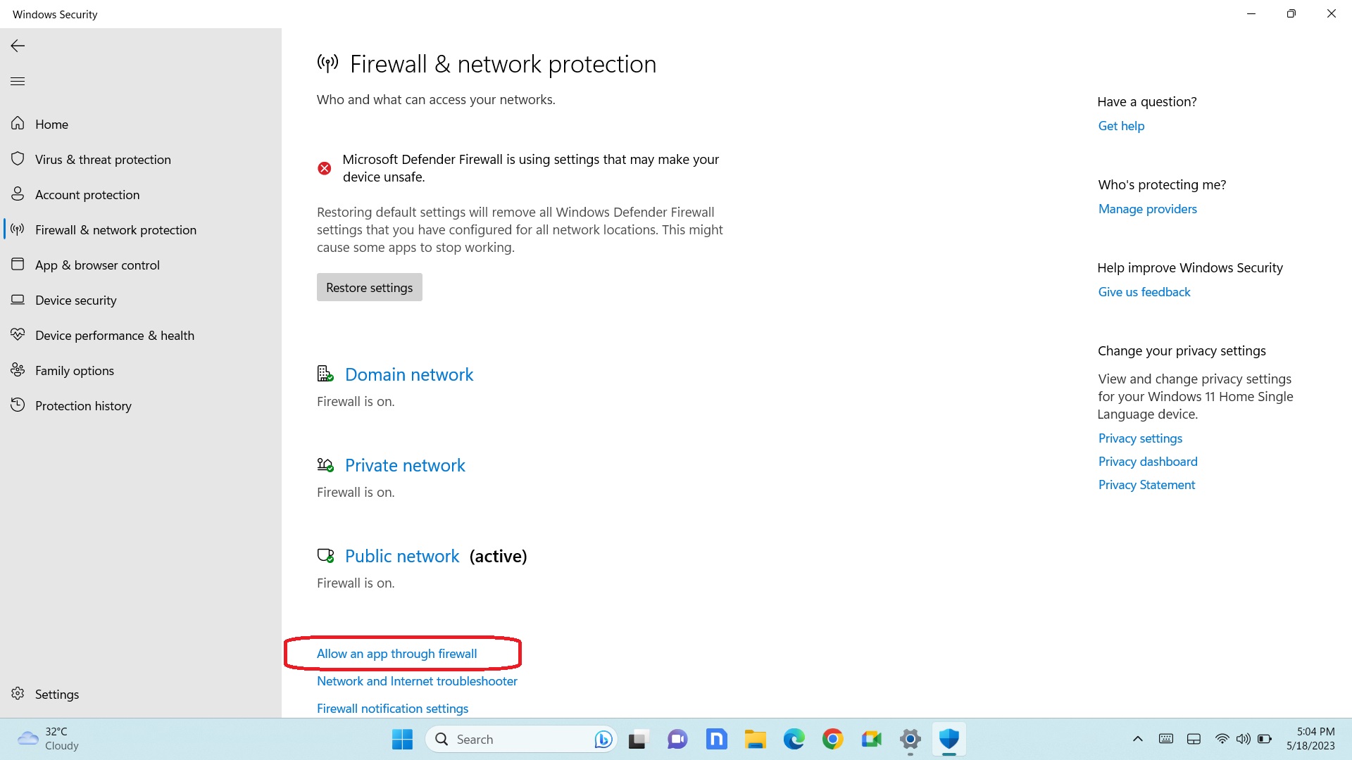 How to block an application by the firewall in Windows 11